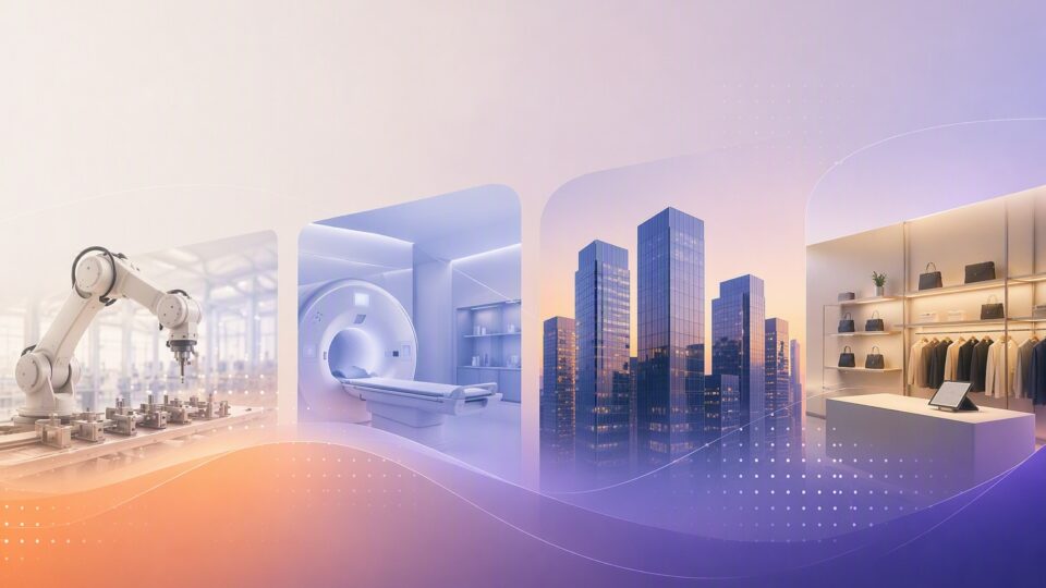 Stylized illustration showing four connected scenes that represent industries transformed by AI and technology: a robotic arm operating in a manufacturing environment, an MRI scanner in a healthcare setting, a modern city skyline and a retail store display. The scenes are framed within soft-edged panels and connected by flowing digital wave patterns in shades of blue, purple, and orange, suggesting data, innovation and cross-industry transformation.