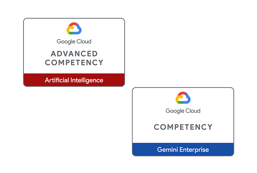 Examples of Google Cloud Partner Network advanced competency and competency badges